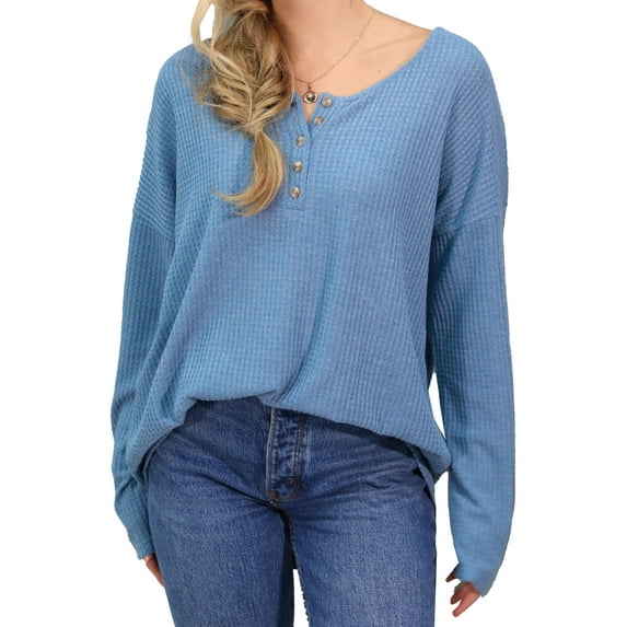 Doublju Women's Button Placket Long Sleeve Waffle Henley Top (S-3X)