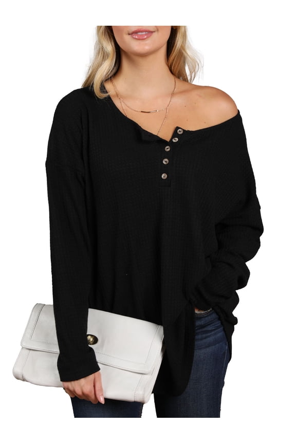 Women's Button Placket Long Sleeve Waffle Henley Top (S-3X)
