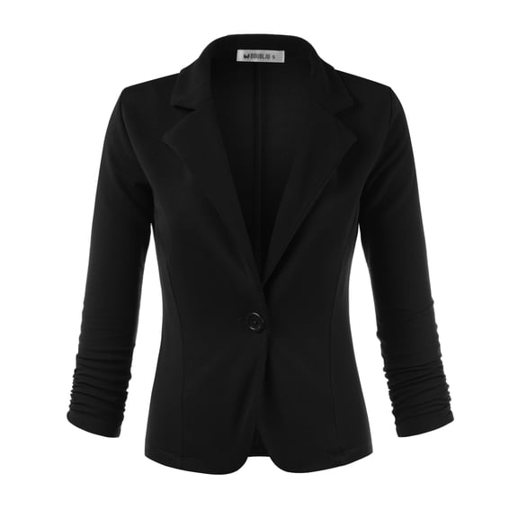 Doublju Women's Casual One Button Cropped Blazer with 3/4 Shirring Sleeve