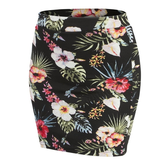 Doublju Women's Casual Stretchy Bodycon Pencil Mini Skirt TROPICALBLACK M