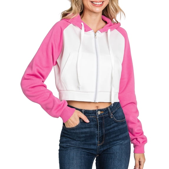 Doublju Women's Contrast Raglan Sleeve Crop Zip Up Hoodie With Kangaroo Pocket