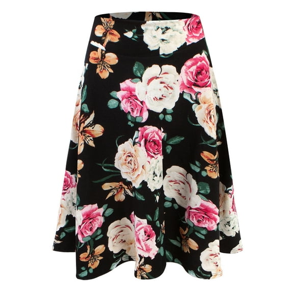 Doublju Women's Elastic High Waist Band Flared Midi Skirt (Plus Size Available)