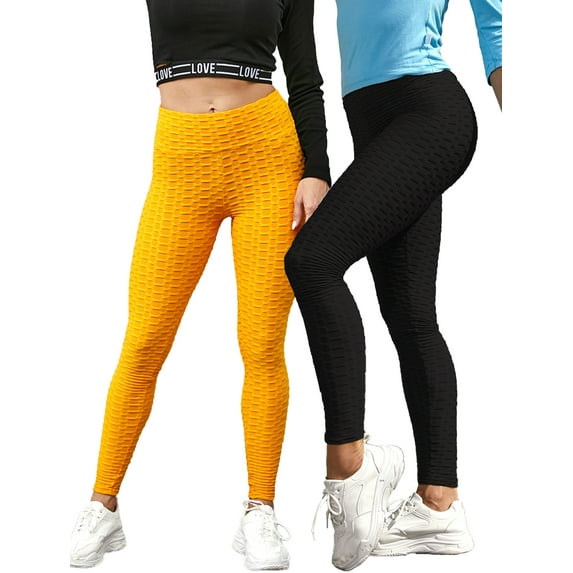 Doublju Women's Elastic High Waist Textured Leggings (Pack of 2)
