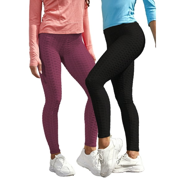 Doublju Women's Elastic High Waist Textured Leggings (Pack of 2)