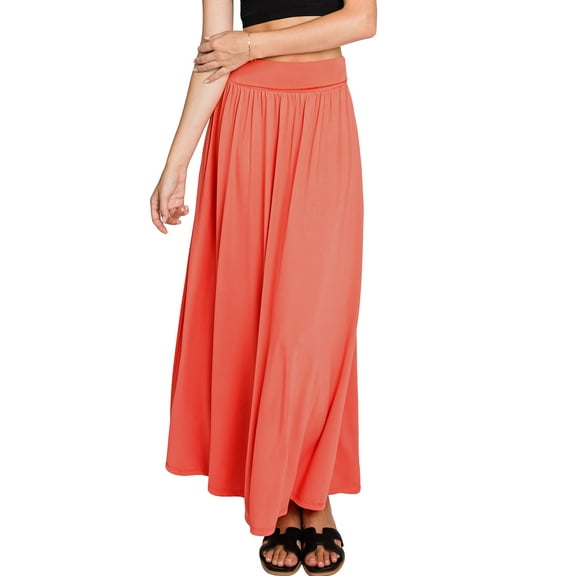 Doublju Women's Fold High Waist Ruched Maxi Skirt with Plus Size