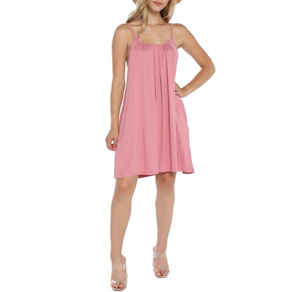 Doublju Women's Front Pleated Camisole Tank Flare Tunic Dress with Pockets (S-3X)