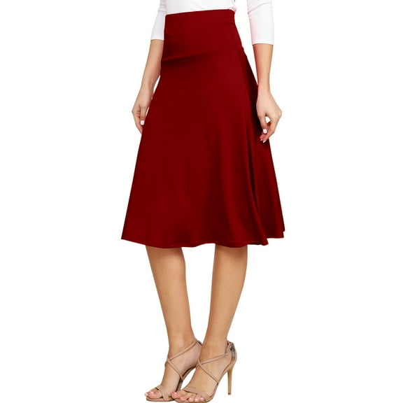 Doublju Women's High Waist Elastic Soft Flare Flowy Midi Skirt (Plus Size Available)