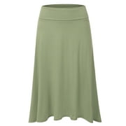 Doublju Women's High Waist Elastic Soft Flare Flowy Midi Skirt (Plus Size Available)