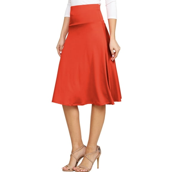 Doublju Women's High Waist Elastic Soft Flare Flowy Midi Skirt (Plus Size Available)