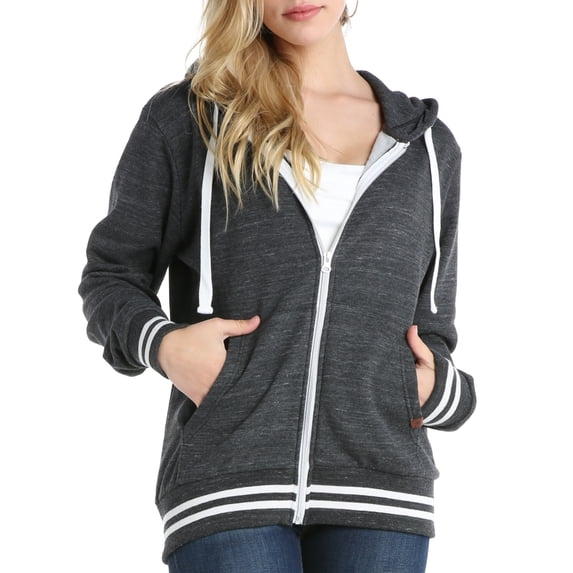 Doublju Women's Lightweight Thin Varsity Stripe Zip Up Hoodie Jacekt with Plus Size