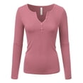 thumbnail image 1 of Doublju Women's Long Sleeve Basic Henley Deep V-Neck Button Placket T-Shirt, 1 of 4