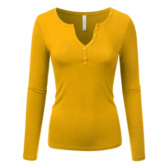 Doublju Women's Long Sleeve Basic Henley Deep V-Neck Button Placket T-Shirt
