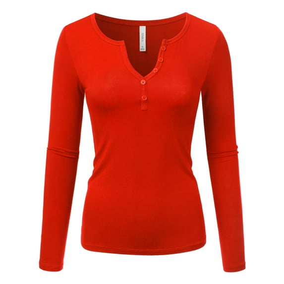 Doublju Women's Long Sleeve Basic Henley Deep V-Neck Button Placket T-Shirt