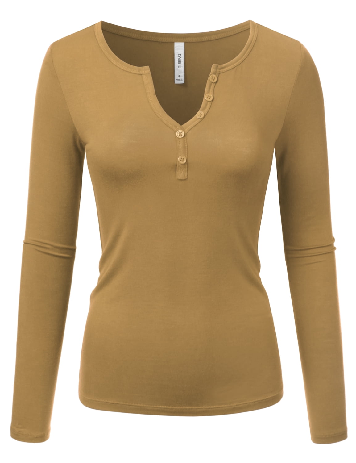【DISCERNMENT】Kiden diagonal button henley neck sleeve Doublju Women's Long Sleeve Basic Henley Deep V-Neck Button