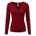 thumbnail image 1 of Doublju Women's Long Sleeve Basic Henley Deep V-Neck Button Placket T-Shirt, 1 of 4