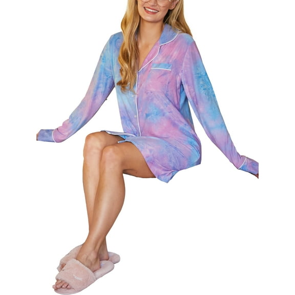 Doublju Women's Long Sleeve Button Down Nightgown Sleepwear Pajama Dress (Plus Size Available)