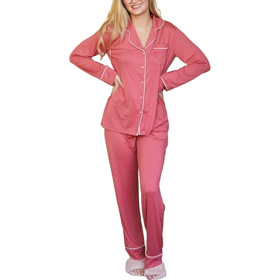 Doublju Women's Long Sleeve Button Down Pajama Sleepwear 2 pcs Set (Plus Size Available)
