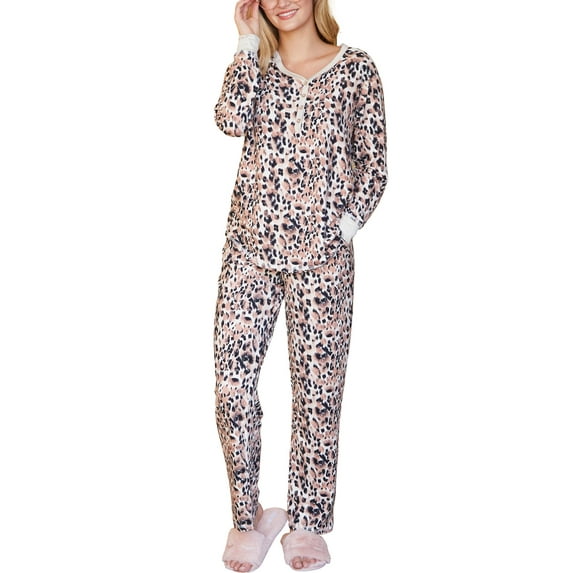 Doublju Women's Long Sleeve Henley Pajama Sleepwear 2 Pcs Set