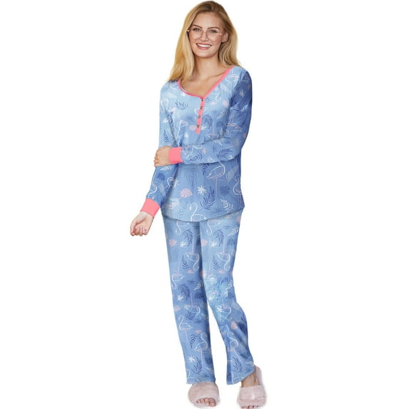 Doublju Women's Long Sleeve Henley Pajama Sleepwear 2 Pcs Set