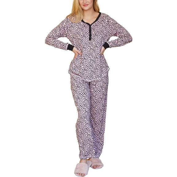 Doublju Women's Long Sleeve Henley Pajama Sleepwear 2 Pcs Set