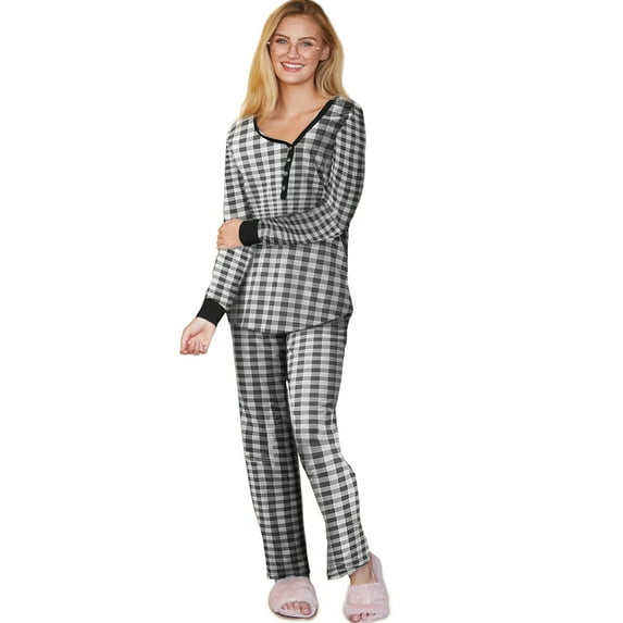 Doublju Women's Long Sleeve Henley Pajama Sleepwear 2 Pcs Set