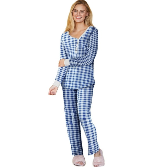 Doublju Women's Long Sleeve Henley Pajama Sleepwear 2 Pcs Set