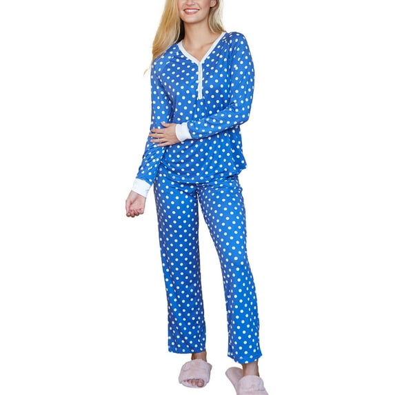 Doublju Women's Long Sleeve Henley Pajama Sleepwear 2 Pcs Set