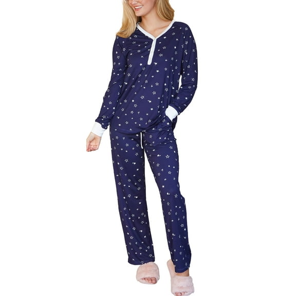 Doublju Women's Long Sleeve Henley Pajama Sleepwear 2 Pcs Set