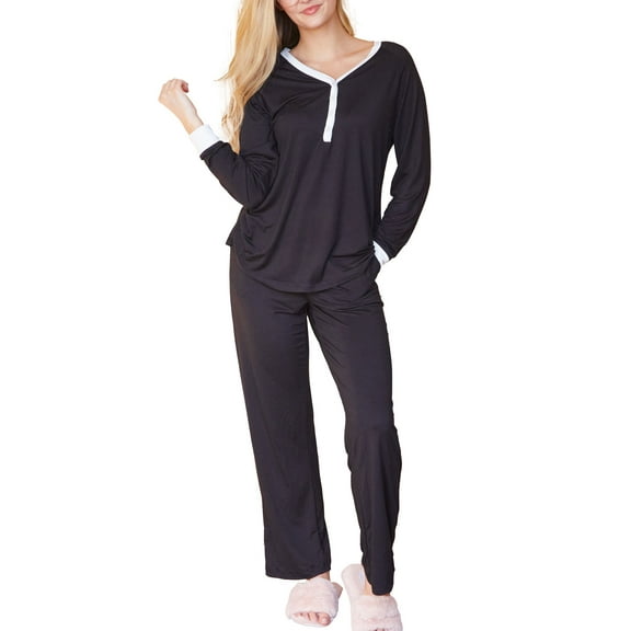 Doublju Women's Long Sleeve Henley Pajama Sleepwear 2 Pcs Set
