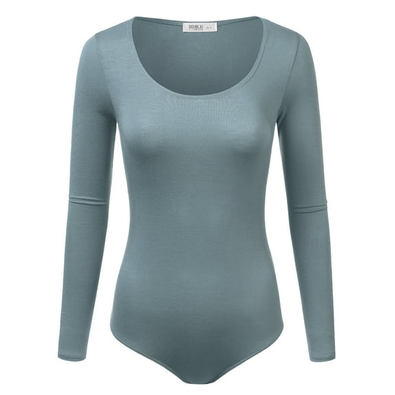 Doublju Women's Long Sleeve Round Neck Stretchy Bodysuit Tops (Plus Size Available)