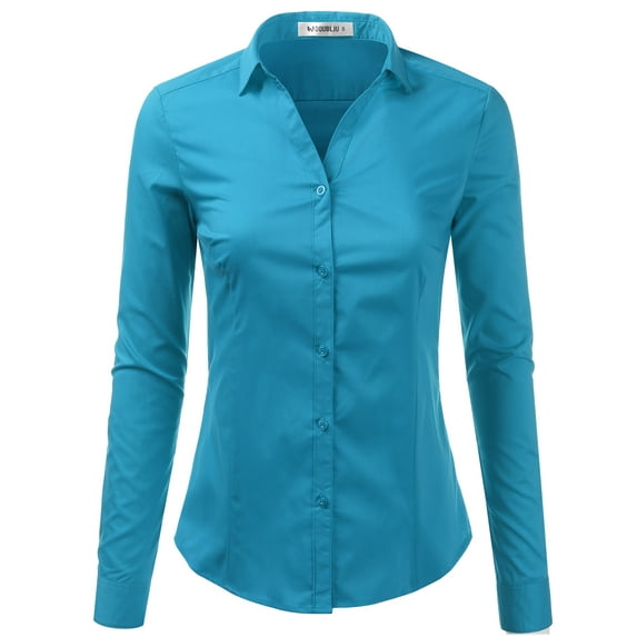 Doublju Women's Long Sleeve Slim Fit Button Down Dress Shirt (Plus Size Available)
