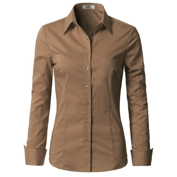 Doublju Women's Long Sleeve Slim Fit Button Down Dress Shirt (Plus Size Available)