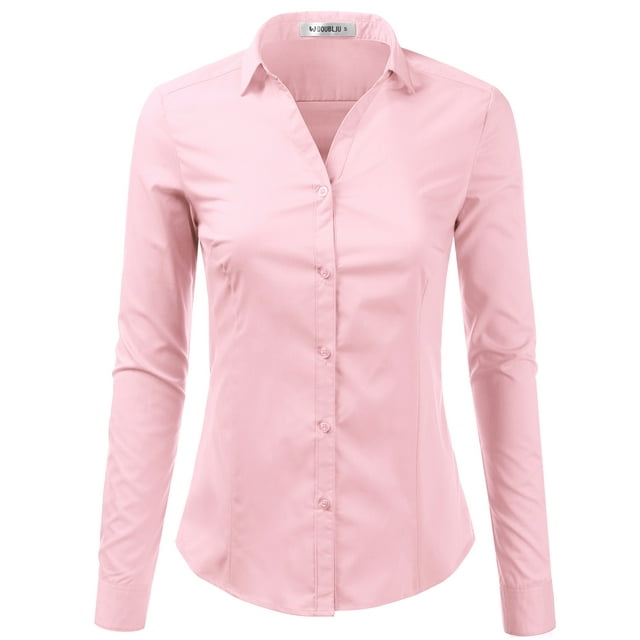 Doublju Women's Long Sleeve Slim Fit Button Down Dress Shirt (Plus Size