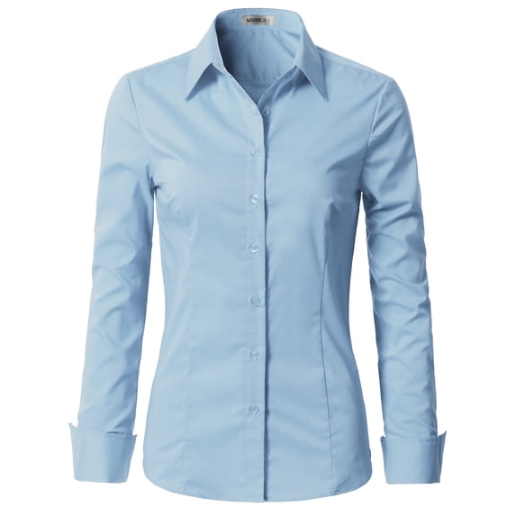 Doublju Women's Long Sleeve Slim Fit Button Down Dress Shirt (Plus Size Available)