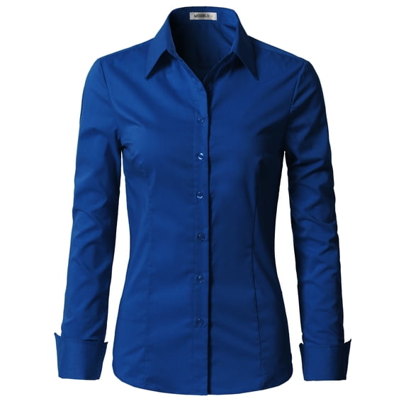 Doublju Women's Long Sleeve Slim Fit Button Down Dress Shirt (Plus Size Available)