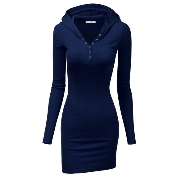 Doublju Women's Long Sleeve Slim Fit Henley Neck Hoodie Mini Dress