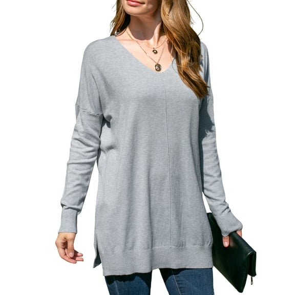 Doublju Women's Long Sleeve V-Neck Loose Fit Knit Sweater with Plus Size