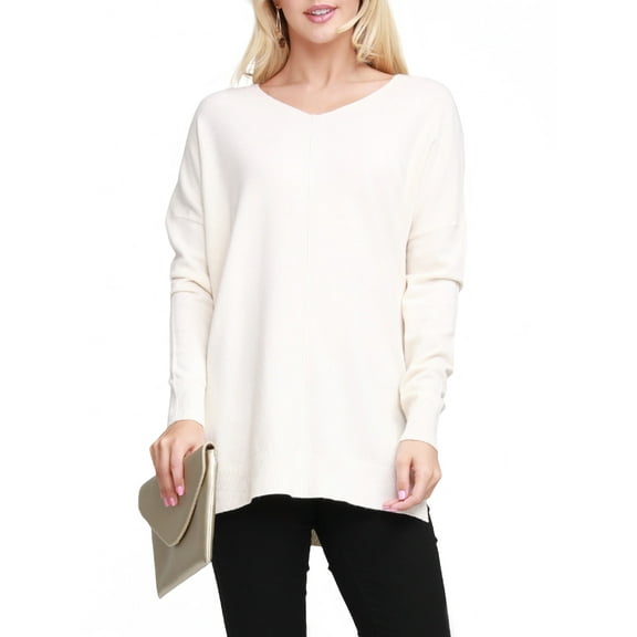 Doublju Women's Long Sleeve V-Neck Loose Fit Knit Sweater with Plus Size