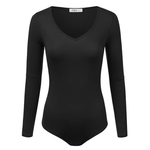 Doublju Women's Long Sleeve V-Neck Stretchy Bodysuit Tops (Plus Size Available)