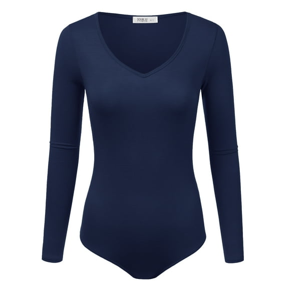 Doublju Women's Long Sleeve V-Neck Stretchy Bodysuit Tops (Plus Size Available)