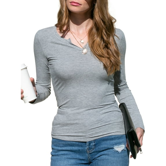 Doublju Women's Placket Neck Long Sleeve Ribbed Top (Plus Size Available)