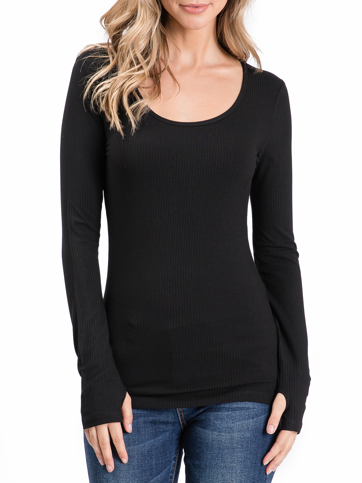 Doublju Women's Round Neck Long Sleeve Ribbed Top with Thumb Holes