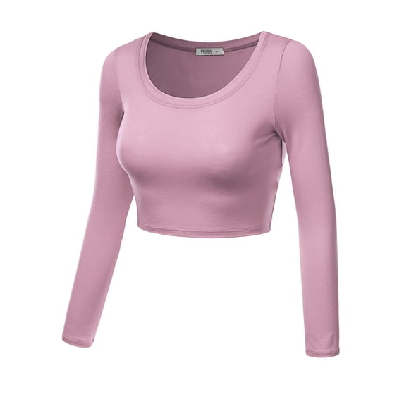 Doublju Women's Round Neck Slim Fit Long Sleeve Crop Tops (Female Plus Size Available)
