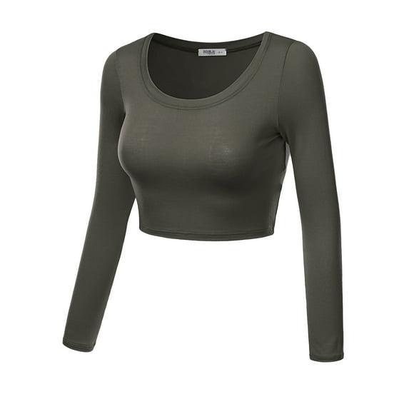 Doublju Women's Round Neck Slim Fit Long Sleeve Crop Tops (Female Plus Size Available)