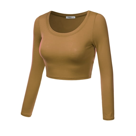 Doublju Women's Round Neck Slim Fit Long Sleeve Crop Tops (Female Plus Size Available)