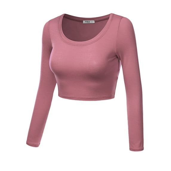 Doublju Women's Round Neck Slim Fit Long Sleeve Crop Tops (Female Plus Size Available)