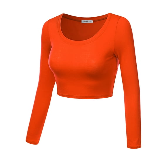 Doublju Women's Round Neck Slim Fit Long Sleeve Crop Tops (Female Plus Size Available)