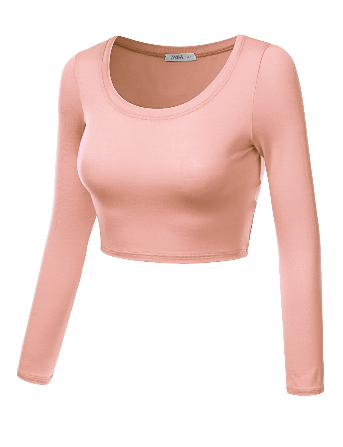 Doublju Women's Round Neck Slim Fit Long Sleeve Crop Tops (Female Plus Size  Available) 