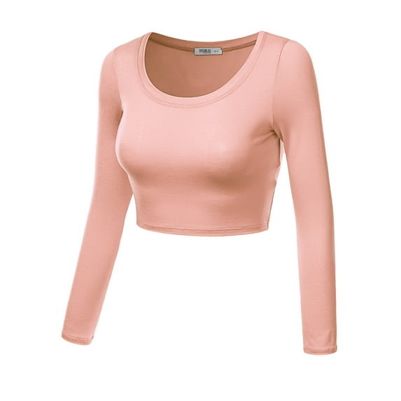 Doublju Women's Round Neck Slim Fit Long Sleeve Crop Tops (Female Plus Size Available)