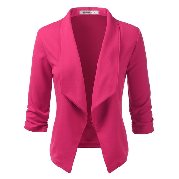 Doublju Women's Ruched 3/4 Sleeve Open Front Blazer Jacket with Plus Size